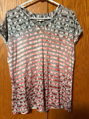 ONE WORLD Gray and Coral Striped V-Neck Tee